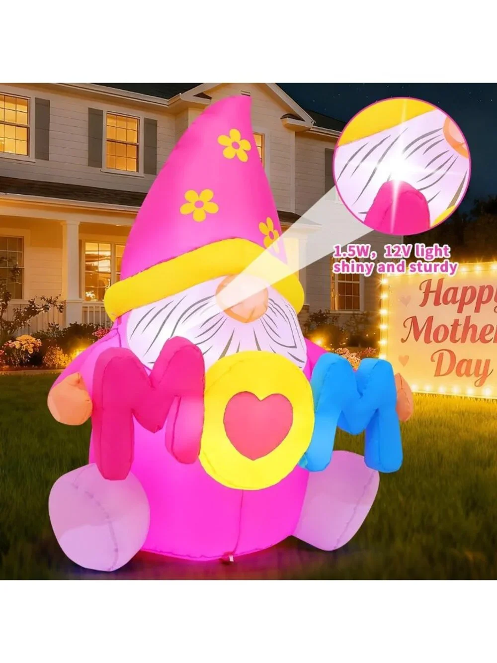 Happy Mother's Day Inflatables - 5FT Pink Gnomes LED Yard Decorations for Garden